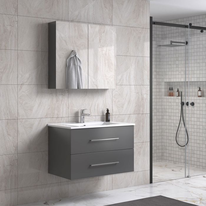 LindaDesign 80 cm grå matt baderomsmøbel m/speilskap