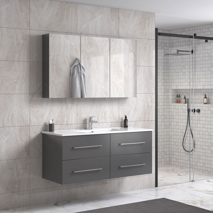 OliviaDesign 120 cm grå matt baderomsmøbel single m/speilskap