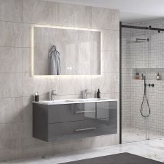 LindaDesign 120 cm grå høyglans baderomsmøbel dobbel m/hvit servant og rektangulært speil