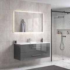 LindaDesign 120 cm grå høyglans baderomsmøbel single m/hvit servant og rektangulært speil