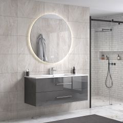 LindaDesign 120 cm grå høyglans baderomsmøbel single m/hvit servant og rundt speil