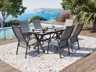 Villa - Spisegruppe med uttrekkbart bord 180/240x90 cm i betongfarge og 6 Dallas reclinerstoler