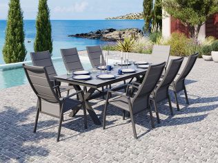 Villa - Spisegruppe med uttrekkbart bord 240/315x100 i betongfarge og 8 Dallas reclinerstoler