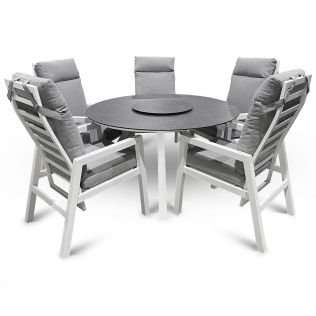 Jamaica rund spisegruppe m/stort bord ø135 cm og 5 reclinerstoler i hvit aluminium