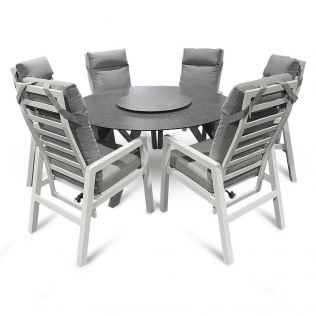 Jamaica rund spisegruppe m/stort bord ø150 cm og 6 reclinerstoler i hvit aluminium (m/lazy susan)