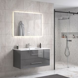 LindaDesign 100 cm grå høyglans baderomsmøbel m/hvit servant og rektangulært speil