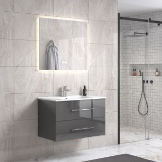 LindaDesign 80 cm grå høyglans baderomsmøbel m/hvit servant og rektangulært speil