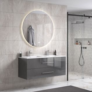 LindaDesign 120 cm grå høyglans baderomsmøbel dobbel m/hvit servant og rundt speil