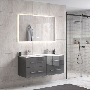OliviaDesign 120 cm grå høyglans baderomsmøbel dobbel m/hvit servant og rektangulært speil