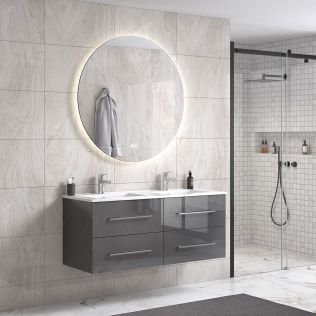 OliviaDesign 120 cm grå høyglans baderomsmøbel dobbel m/hvit servant og rundt speil